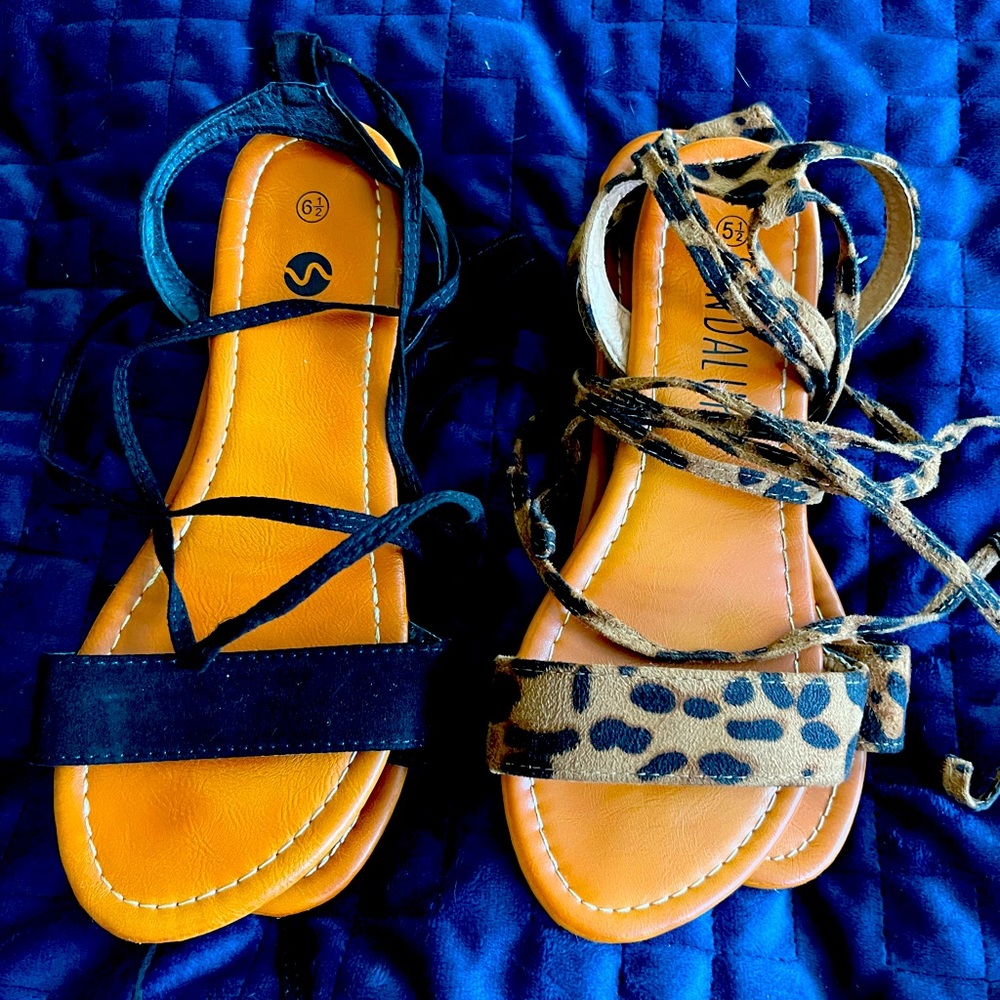 Two Pairs of Strappy Lace Up Sandals in Black and Leopard Print